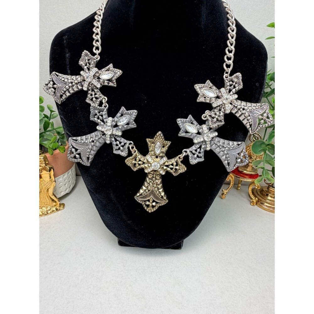 Statement Gothic Cross Necklace Silver Tone Rhinestones Chunky Lucía Signed